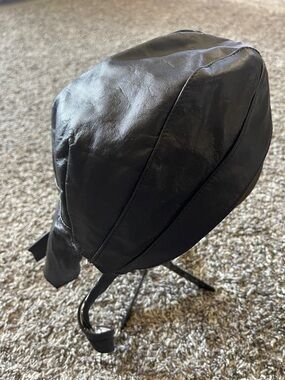 Vintage Black Leather Skull Cap With White Skulls On Lining - Men's Accessory